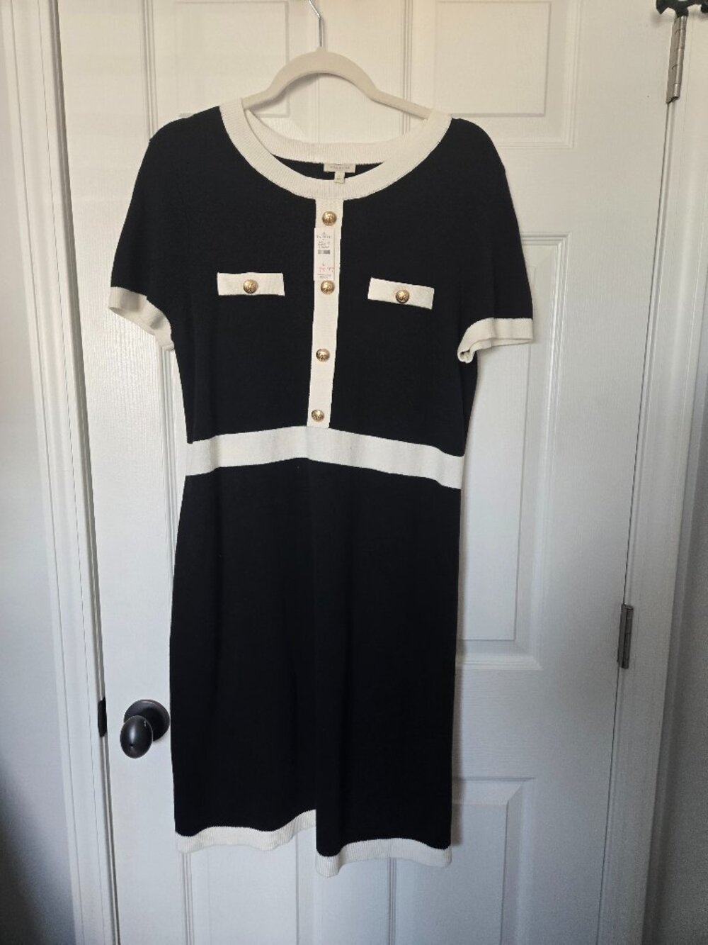 Talbots Black and Ivory Shift Dress Gold Buttons, Sz L, NWT
